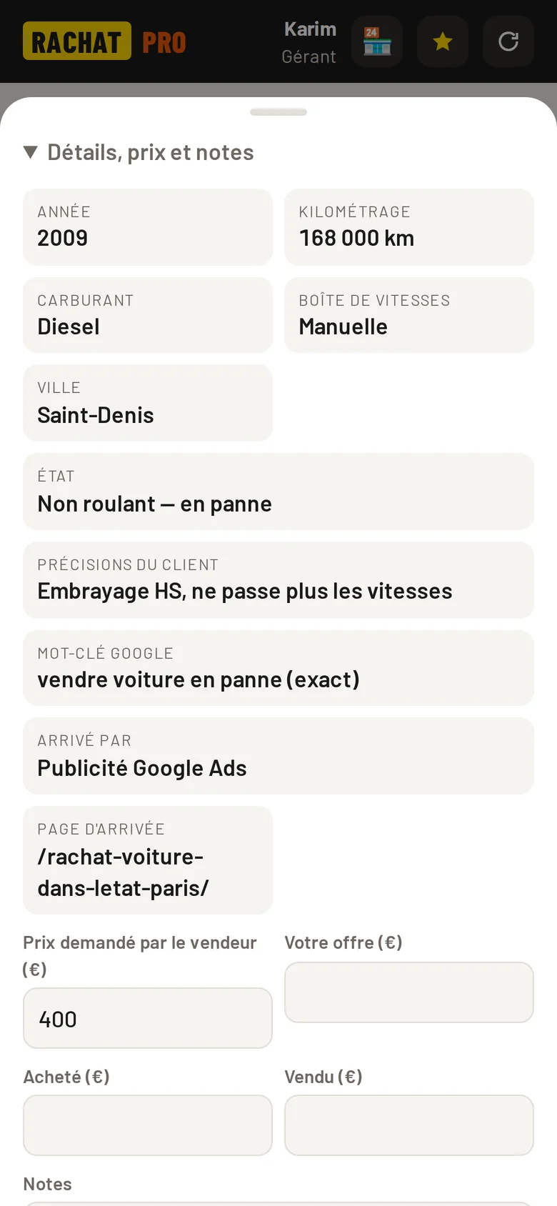 Fiche d’une demande dans l’appli : mot-clé Google tapé, arrivée par une publicité Google Ads, page d’arrivée