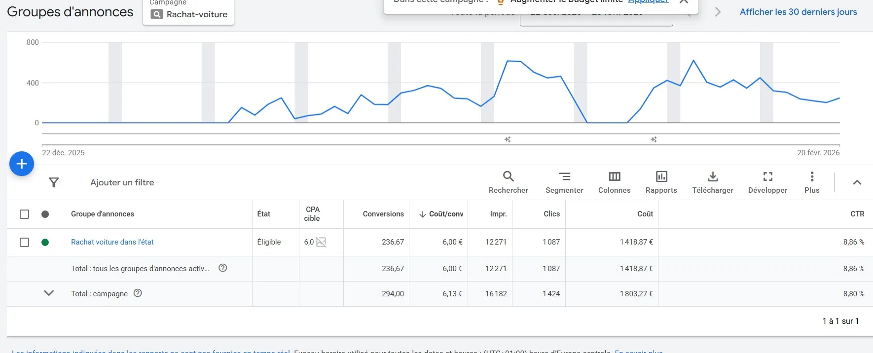 Tableau Google Ads : 236 conversions à 6 € de coût par conversion