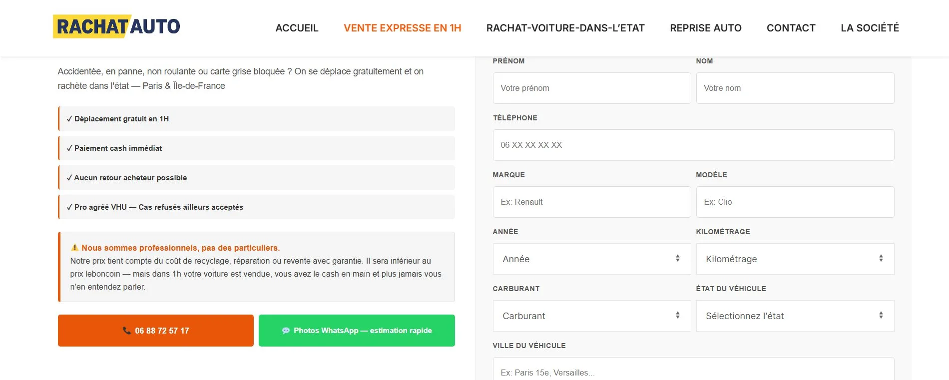 Formulaire de la page Vente express : prénom, nom, téléphone, marque, modèle, année, kilométrage, carburant, état et ville du véhicule